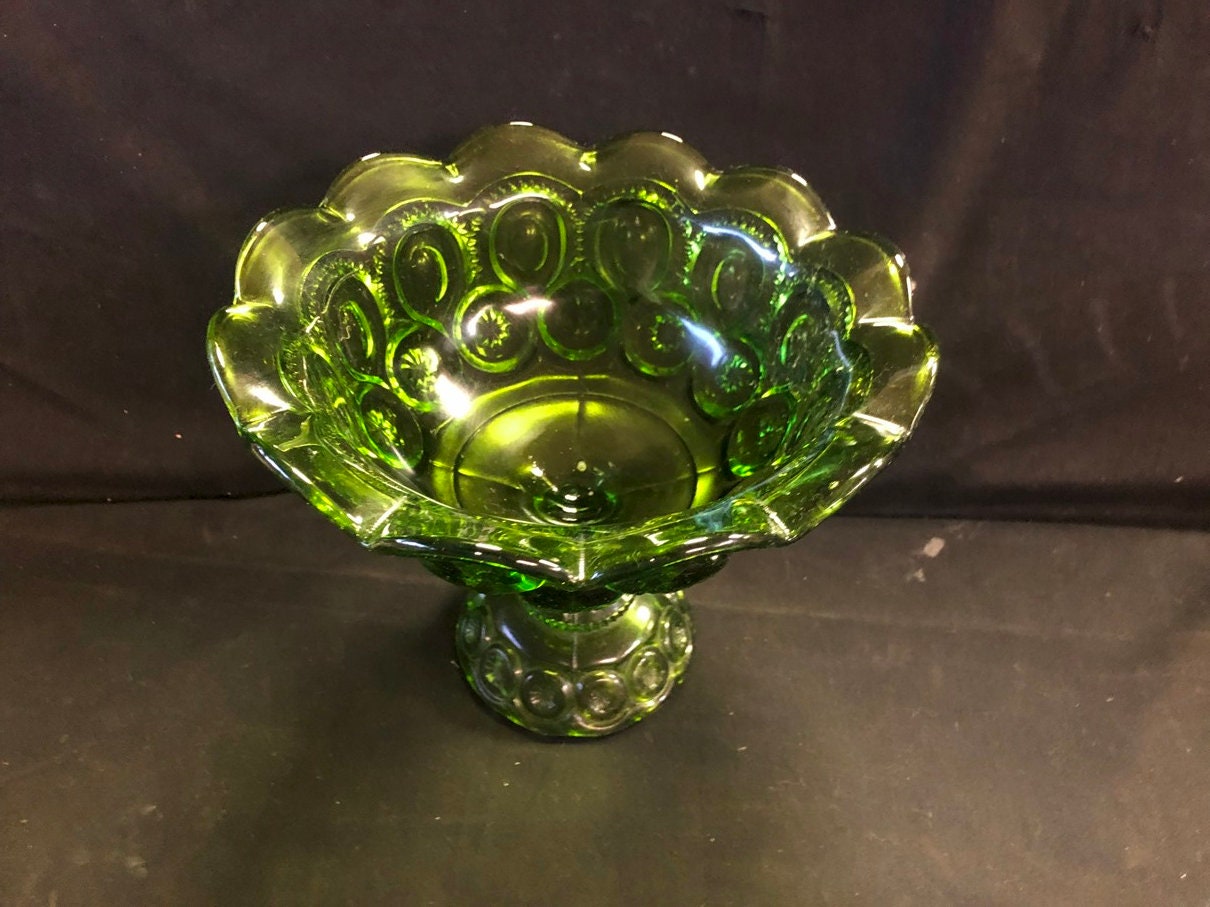 Vintage Green Glass Pedestal Candy Dish Compote L.E Smith Moon Etsy