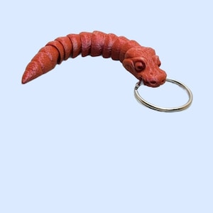 May include: A red worm-shaped keychain with a silver key ring. The worm has segmented body sections and a detailed head with eyes. The keychain is made of a solid material and is set against a light blue background.