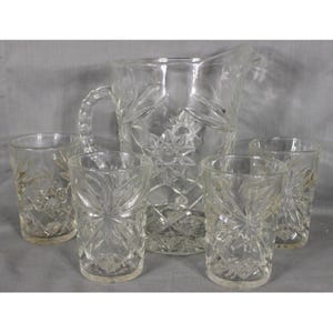 Anchor Hocking EAPC Early American Prescut Clear 54oz Pitcher & 4 Juice Tumblers