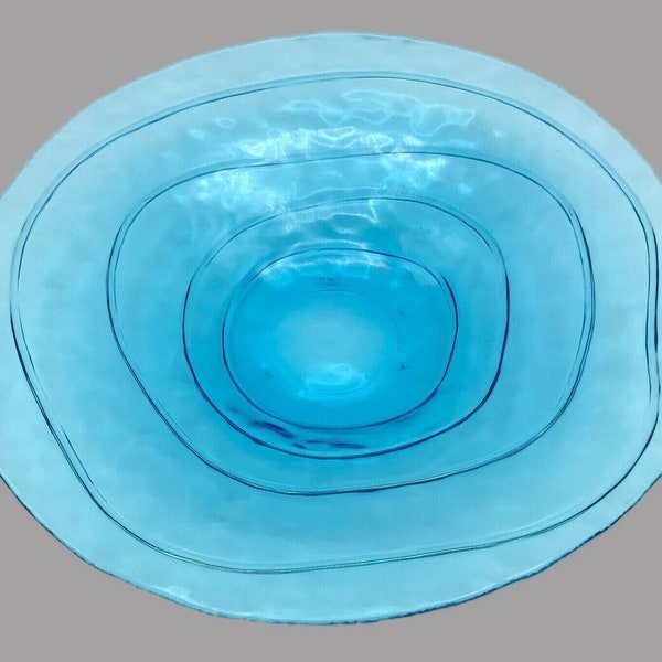 Hand Blown Art Glass Centerpiece Bowl Turquoise Aqua Blue 13.75" wide