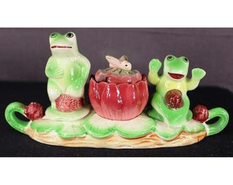 Shafford China Frog Condiment Set Salt Pepper & Mustard With Lid Japan 4&quot; Tall