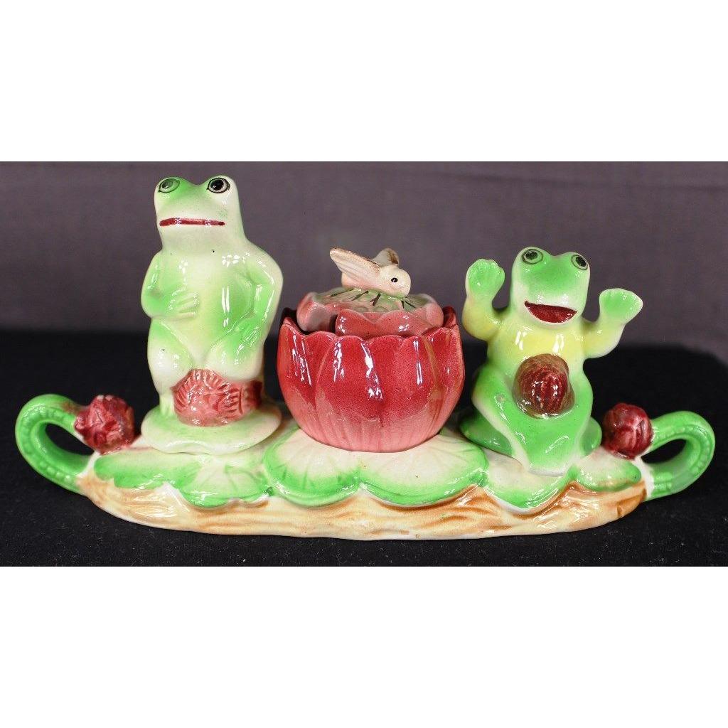 Shafford China Frog Condiment Set Salt Pepper & Mustard With Lid