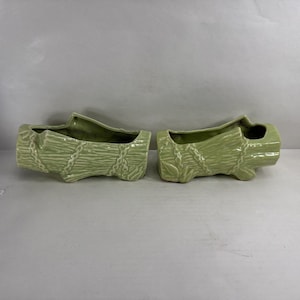 Vintage McCoy Pottery Log Planters Pair | 1950s Green Glaze Chain & Wood Grain | Mid-Century Modern Home Decor | Collectible Art Pottery