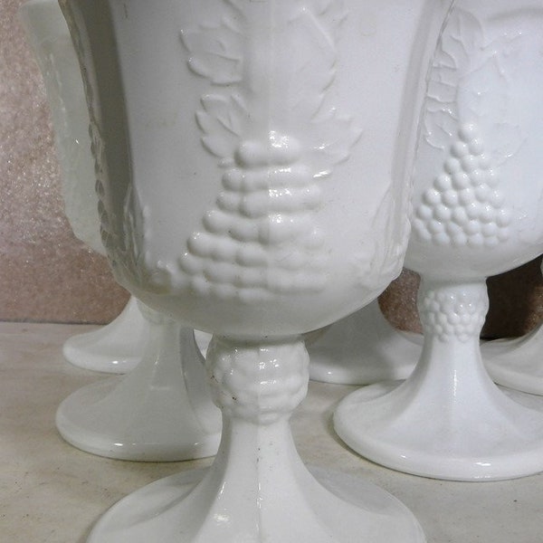4 Indiana Colony Harvest Grape White Milk Glass Footed Tumblers Goblets 5.5"