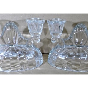 LE Smith Double Light Candelabra Pair 1940s Clear Pressed Glass Shell Design Vintage Candlestick Holders Home Decor Gift