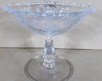 Vintage Elegant Glass Fostoria Bouquet Etched Century Footed Compote, Mint Dish