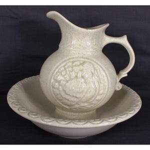 Vintage 1960s McCoy Pottery 7516 Türkei Krug & Schüssel Becken Elfenbein gesprenkelt