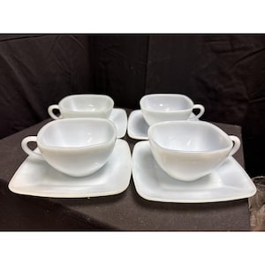 4 FIRE KING Delphite Blue Azurite Charm Square Tea/Coffee Cup & Saucer Sets