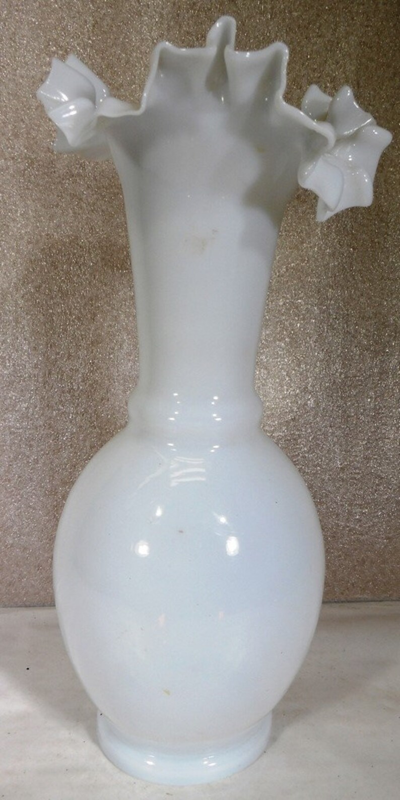 Vintage White Glass Hand Blown Ruffled Crimped Rim Bud Vase 10 Inch