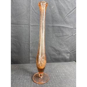 Vintage 1929-1939 Etched Pink Stretched Glass Bud Vase 9.5&quot;