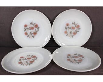 4 Anchor Hocking Fire King Ovenware Fleurette Floral Pattern Milk Glass dinner plates 9&quot;