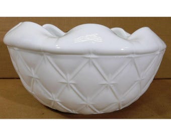 White Milk Glass Quilted Diamond Pattern Bowl with Ruffles 1960&#39;s Vintage