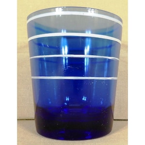 Vintage Hazel Atlas Blue Glass With White Rings 3.25&quot; Whiskey Tumbler Glass