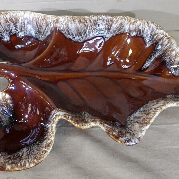 Vtg Hull Brown Drip Glaze Pottery 14" 3 Part Leaf Dish Divided Chip Dip Bowl