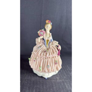 6&quot; German Volkstedt Dresden Lace Porcelain Lady In Pink Ruffled Dress Figurine