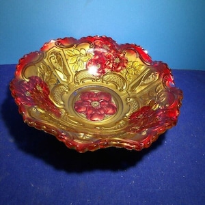 Antique Goofus Glass Wild Rose Bowl | EAPG 1900s Red Gold Reverse Painted | 9.25 Inch Scalloped Floral Collectible