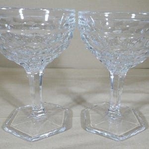 Fostoria American Pattern Champagne Coupe Glasses Set of 2 | Vintage Crystal Clear Stemware Cubist Stem 2056 | Wedding Gift Bar Decor
