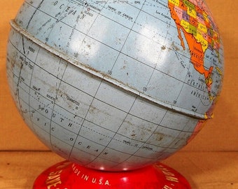 Vintage The Ohio Art Co. Globe World Bank Tin Toy Coin Bank Made in USA