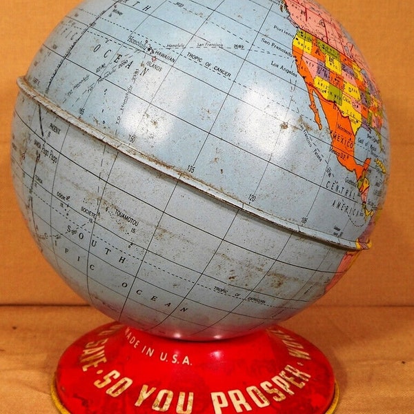 Vintage The Ohio Art Co. Globe World Bank Tin Toy Coin Bank Made in USA