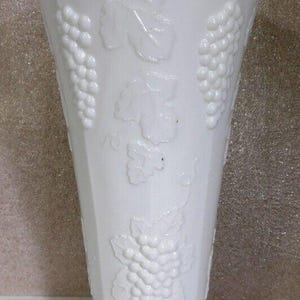 Vintage Indiana Glass 8&quot; Colony Harvest Grape White Milk Glass, Footed Vase