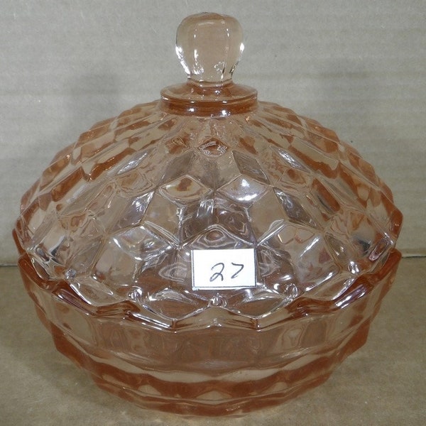 Peach Whitehall American 5" Tall Heavy Glass Cubist Dish w/Lid