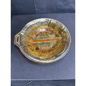 VTG Indiana Carnival Glass Kilarney Divided Dish Amber Marigold Relish Dish