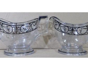 Juego de cremera y azucarero de cristal Heisey con incrustaciones de plata y detalles ornamentales, estilo Art Déco de los años 20, artículo de colección para decoración de mesa.