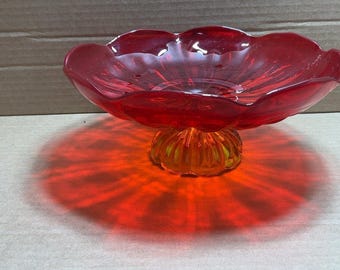 Amberina Red Art Glass Compote Bowl, Mid-Century Modern Pedestal Candy Dish, Vintage Ruby Amber Glass, 1950s Collectible Glassware
