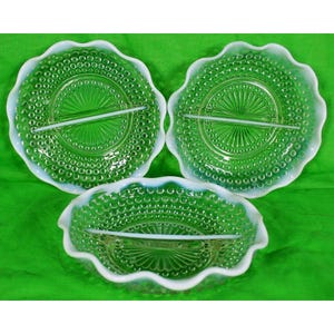 3 Anchor Hocking Moonstone Opalescent Depression Glass 7" Divided Relish Dishes