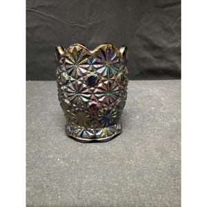 L.E. Smith Amethyst Daisy And Button Carnival Glass Toothpick Holder