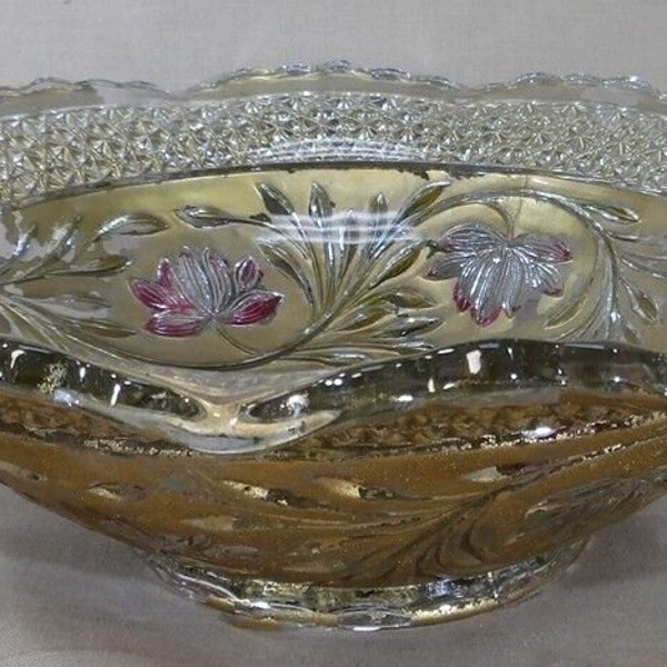 Early 1900’s Pressed Glass Reverse Painted Goofus Glass 10” Bowl Water Lily