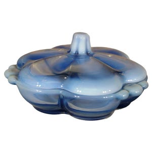 Vintage Duncan Miller Canterbury Blue Opalescent Covered Divided Lidded Dish 7 1/8&quot;