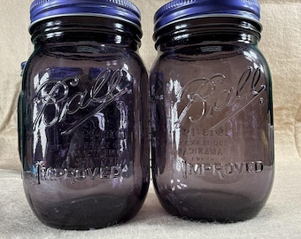 Lote de 2 tarros de cristal Ball Purple Mason, color amatista, 473 ml (16 oz), 100.º aniversario 1913-2013, edición Heritage mejorada, tarro de conservas de colección.