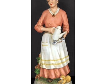 Vintage Homco Figurine #1425 Woman Holding Coffee Pot & Puppy 10&quot; Tall Ceramic