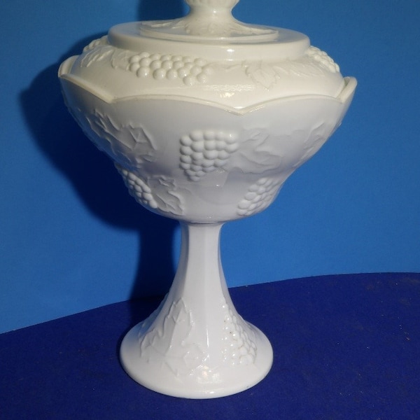 Indiana White Milk Glass Colony Harvest Grape 10” Compote With Lid Candy Dish