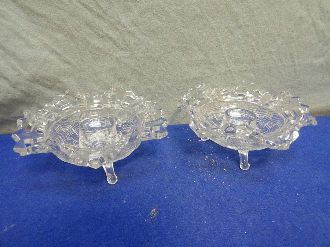 Vintage Basket Weave Basketweave Latice Rim Clear Glass Candle Holder