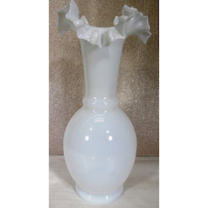 Vintage White Glass Hand Blown Ruffled Crimped Rim Bud Vase 10 Inch Tall