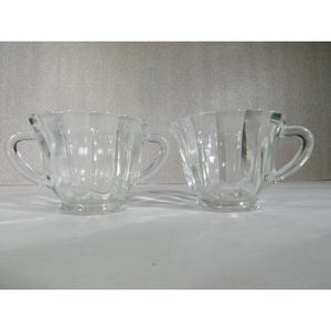 Federal Glass Clear Footed Sugar Bowl & Creamer Set With Two Handles Vintage Glassware