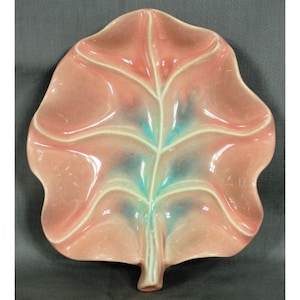 Vintage Pink & Blue California Pottery Leaf-Shaped Divided Serving Dish