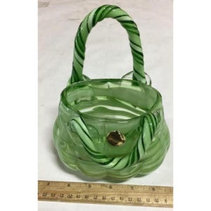 Block Crystal Art Glass Purse Vase Green & Cream Striped Design