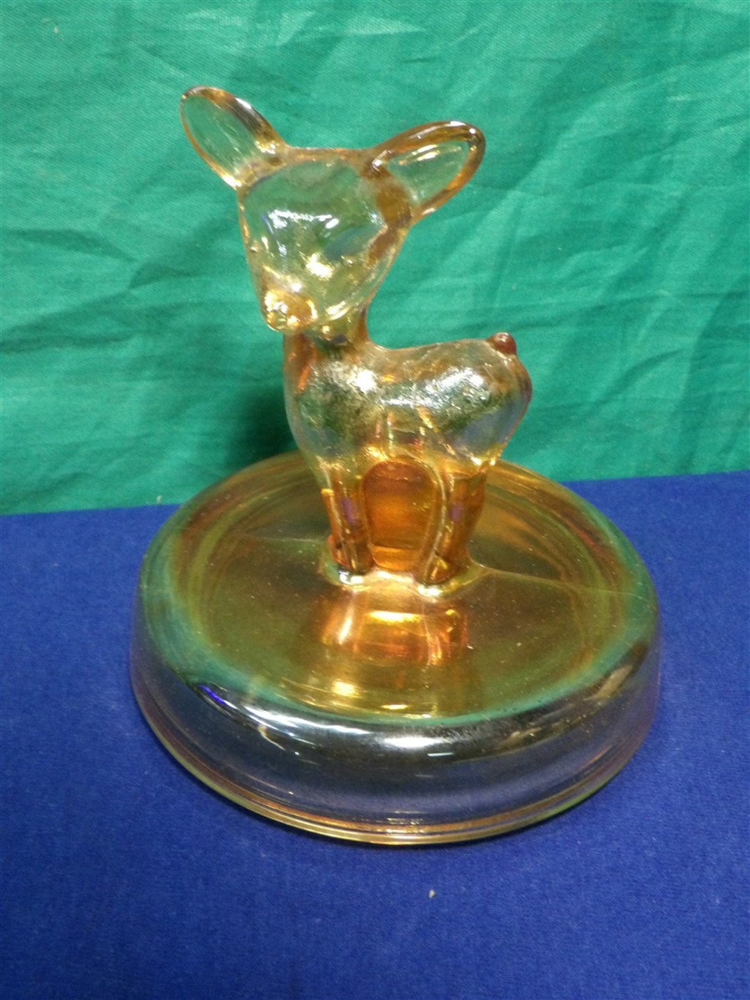 Vintage Marigold Carnival Glass Deer Powder Jar Cover Etsy