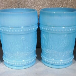 4 Vintage L.G. Wright Blue Milk Glass Stork And Rushes 4" Tumblers