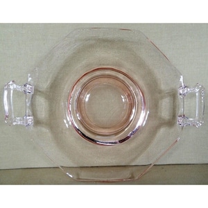 Vintage Pink Octagonal Depression Glass Plate With 2 Handles 8 3/4&quot; Wide