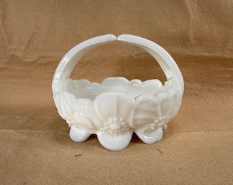 Westmoreland Milk Glass Pansy Basket Bowl | Vintage 1960s Candy Dish Trinket Bowl | Floral Footed Glass Basket | MCM Home Decor Gift