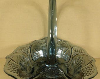 Vintage Blue Fenton Regency Glass 9&quot; Basket Starburst Design