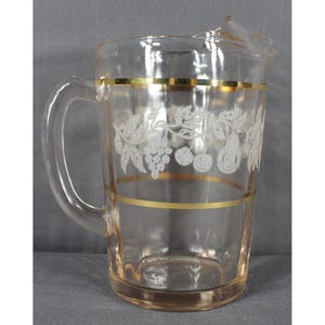 Vintage pichet en verre à fruits dorés Bartlett Collins, motif fruits et vigne gravé à l&#39;eau-forte
