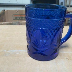 Vintage Arcoroc Cobalt Blue Glass Cup, Diamond Flower Pattern, French Glassware Mid-Century