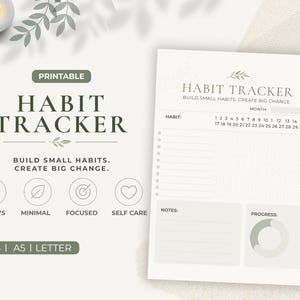 Può includere: Un tracker delle abitudini stampabile con le parole "Habit Tracker" in un font grande. Il tracker include sezioni per le abitudini, le note e i progressi, con un calendario di 31 giorni. Il design è minimalista con una combinazione di colori verde chiaro e bianco.