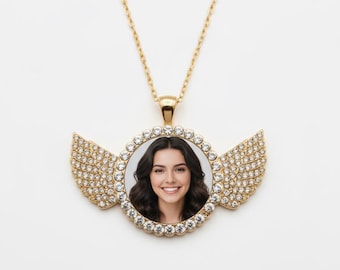 Personalized Picture Pendant Necklace – Custom Photo Charm with Angel Wings