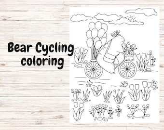 May include: A black and white colouring page featuring a bear riding a bicycle with a basket of flowers. The bear is wearing a butterfly headband and has a backpack. The bicycle has a basket full of flowers. There are tulips and other flowers in the background.